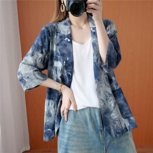 #5209 Tie Dyed Printed Blazer Women Three Quarter Sleeve Short Cotton Linen Blazer Plus Size 3XL Loose Ladies Blazer Thin Summer