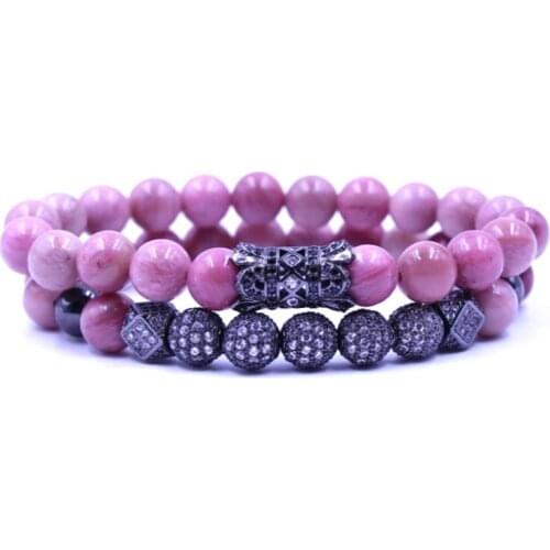 8mm 2PCS/Set fg5435 elastic adjusted nature Rhodochrosite micro pave cz zircon cubic zirconia tube Bracelet Jewelry
