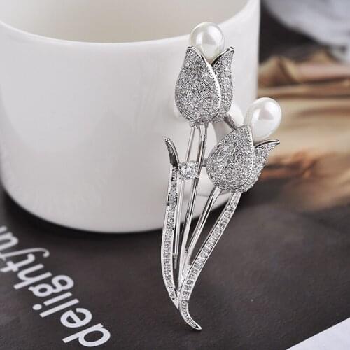 Free Shipping Hot Sale Shining Double Rose Flower With Simulated Pearl Silver Color Copper Brooch