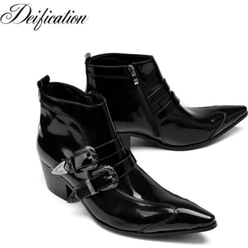 Deification Handmade Pointed Toe High Heels Chelsea boots Military Belt Buckles Zipper Men Ankle Boots Cowboy Mens Dress Shoes