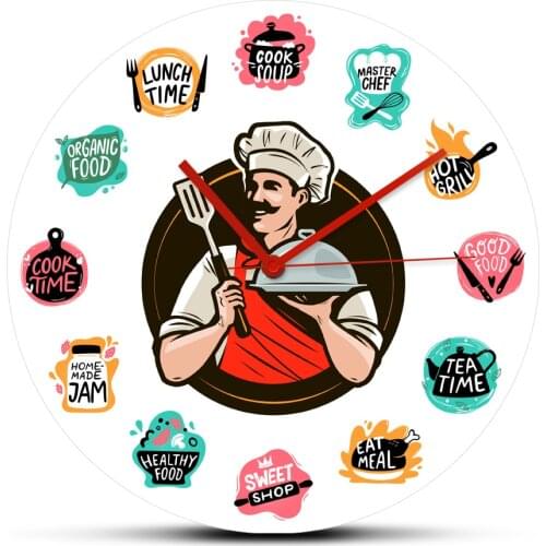Cooking Food Baking Foods Wall Clock Kitchen Chef Holding a Tray Restaurant Decorative Wall Hanging Watch Non Ticking Mechanism