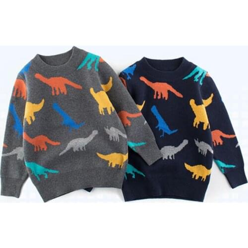 Kids Boys Sweaters Cute Dinosaur Pattern Long Sleeve Knitted Tops Spring Autumn Knitwear for Children