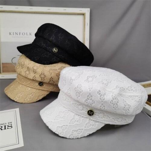 Summer Baseball Caps Womens Breathable Lace Mesh Navy Beret Hat White Net Korean Fashion Lace Beret Caps Plaid Hats