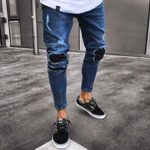 Motorcycle pants European and American mens jeans new stretch slim feet mens jeans Pencil pants