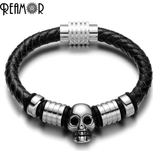 REAMOR Skull Head Charms Male Bracelet 17-21 cm Leather Rope with Stainless Steel Magnet Buckle Bracelets & Bangles Men Jewelry