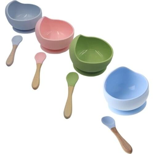 2 Pcs Non-Slip Learning Feeding Tableware BPA Free Silicone Waterproof Baby Suction Cup Base Bowl Training Spoon Set