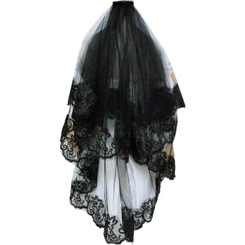 One-Layer Women Girl Black Mantilla Wedding Veil Embroidery Floral Lace Trim Halloween Cosplay Costume Sheer Hair Accessories