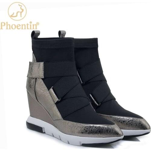Phoentin genuine leather wedges boots woman pointed toe platform ankle boots hook & loop cross elastic band shoes ladies FT1176