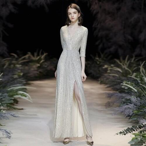 Special Occasion Dresses Vintage V-Neck Half A-Line Tulle Lace Luxury Silver Backless Elegant Floor-Length Women Prom Gown E926