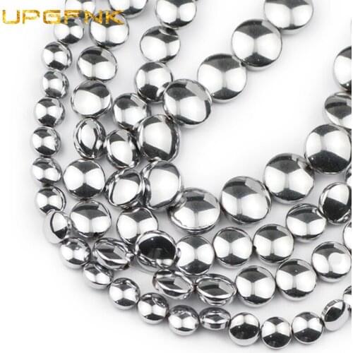 UPGFNK Natural Stone Silvers Hematite Flat Round Spacer Loose Beads For Jewelry Making 6/8/10mm Diy bracelet Accessories Finding