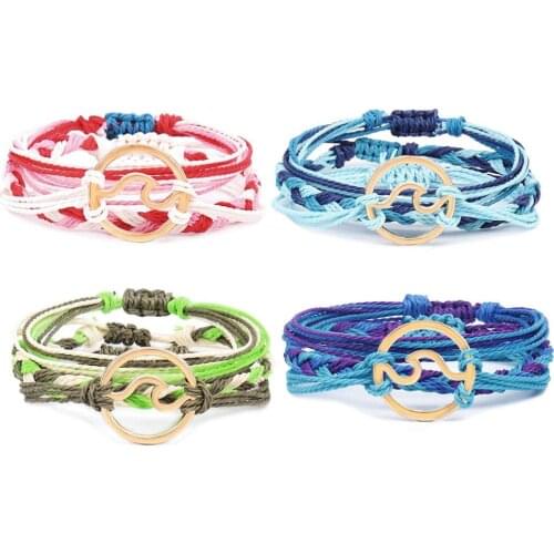 Multicolored Waxed String Wave Charm Sailor Knot Handmade Bracelet Women Men Daisy Sunflower Adjustable Beach Surf Jewelry Gift