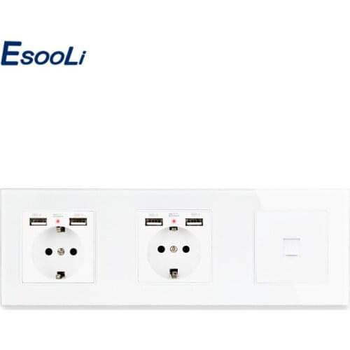 ESOOLI Crystal Tempered Glass Panel Double French Standard Socket with 4 USB Charging Port + RJ11 Telephone Connector