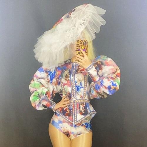 Rhinestone Portrait Pattern Shirt Short Lace Cap Women Dancer Singer Set Nightclub Bar Jazz Dance Rave Outfit Stage Wear DT2306