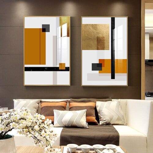 Modern Golden Abstract Geometric Art Pattern Stitching Canvas Print Gold Foil Painting Wall Picture for Living Room Decor