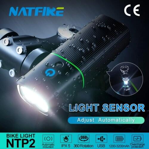 NATFIRE NTP2 Bicycle Light with Light Sensor USB Rechargeable LED Headlight Bike Front Lamp Flashlight with Rear Light Optional