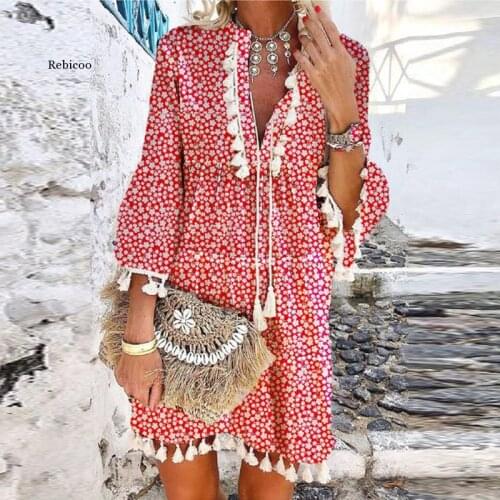 Vintage Women Floral Print A-Line Party Dress Autumn New V Neck Lace Up Tassel Mini Dress Elegant Long Sleeve Ladies Dresses 5XL