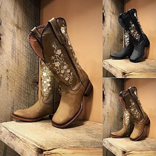 Vintage Winter Warm Womens Platform Boots PU Leather Embroidered Flower Knee-High Retro Knight Boots Round Toe Cotton Shoes