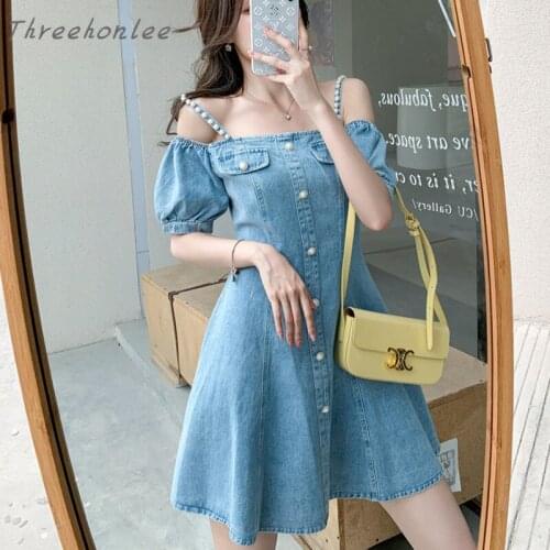 High Quality Summer Fashion New Heavy Industry Wash Denim Dress Waist Down Slim One Shoulder Suspender Dress