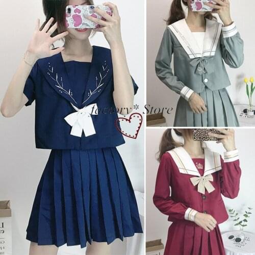 Japanese Korean Sailor Suit Uniform Skirt Female Pleated Student Uniform Academic Business Attire Short Sleeve Two Piece Set