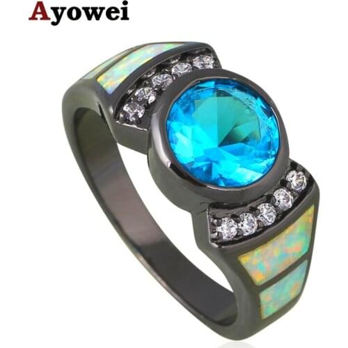 Austrian Crystal Jewelry White Fire Opal Silver Stamped Blue Zircon Fashion Jewelry Rings USA Size #6#7#8#9 OR827A