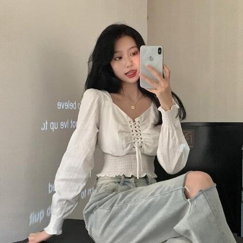 Blouse Women 2020 Autumn Square Collar White Long-Sleeved Shirt Womens Short Top Blusas Ropa De Mujer