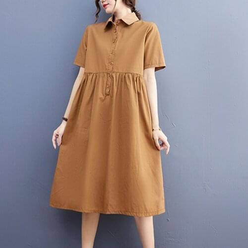 Korea Style Turn-down Collar Button Fashion Blouse Shirt Dress Cotton Women Travel Casual Summer Dress Office Lady OL Work Dress