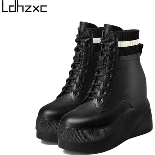 LDHZXC Autumn Wedges Shoes for Women Boots Thick Bottom Fashion Zipper Ankle Boots Elegant Lady Cow Leather Platform Heel White