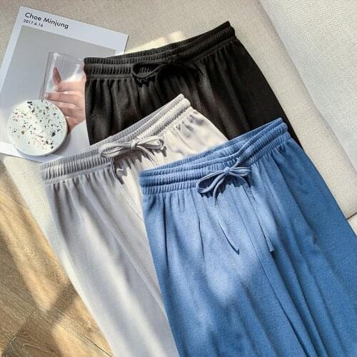 Women Pants Streetwear New 2021 Tall Waist Ice Silk Pants Elastic Waistline Cool Pants Loose Straight Pants For Women HJZ117