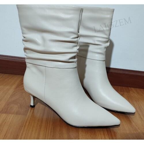 DOBANER Women Ankle Boots Full Leather Slip On Low 5.5CM Heels Booties Handmade Black Beige Dress Prom Shoes Woman Size 37 38 39