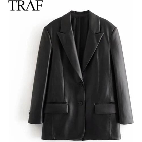TRAF ZA Womens 2021 Fashion Pockets Long Sleeve Back Vents Female Outerwear PU Faux Leather Loose Blazer Coat Vintage Chic Tops