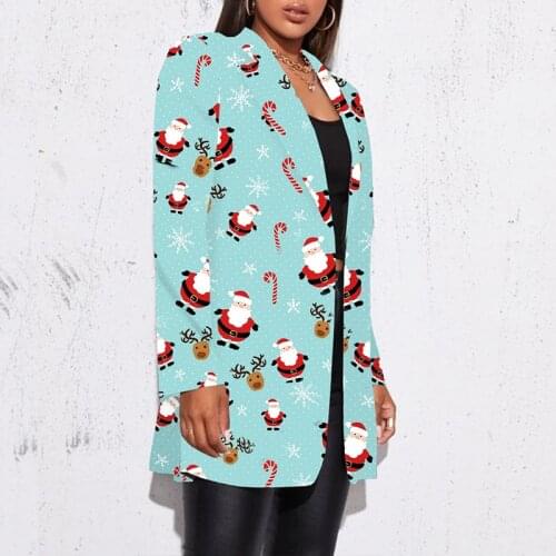 Christmas Print Blue Blazer Women Jacket High Street Fashion Tops 2021 Autumn Plus Size Elegant Casual Lady Coat American Style
