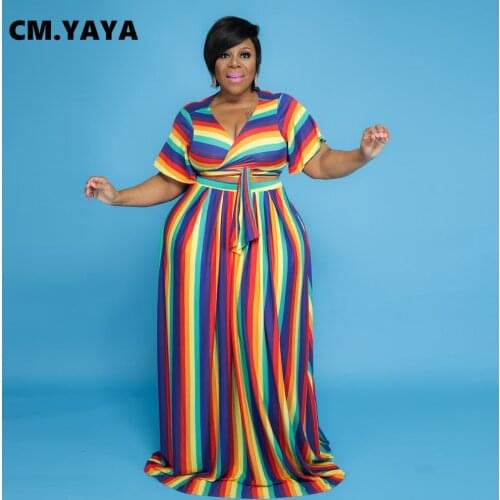 CM.YAYA Women Set Striped Short Sleeve Bandage Crop Tops Loose Long Skirts Two 2 Piece Sets Casual Streetwear Summer Outfits