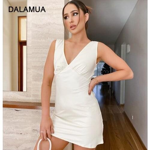 Women Dress Satin Sleeveless Bodycon Deep V-Neck Sexy Office Lady 2021 Summer New Solid Black White Fashion Female Mini Dresses