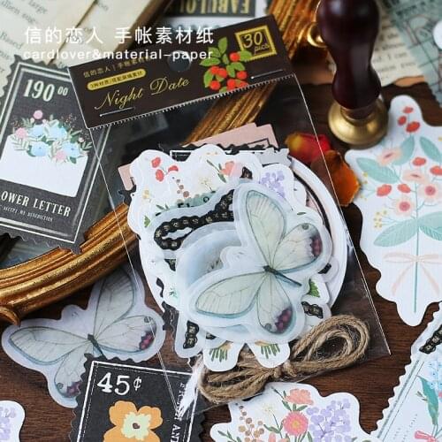 30 pcs/pack Vintage Stamp Flower Mix Material Paper Junk Journal Planner Butterfly Label Craft Paper DIY Scrapbooking Album