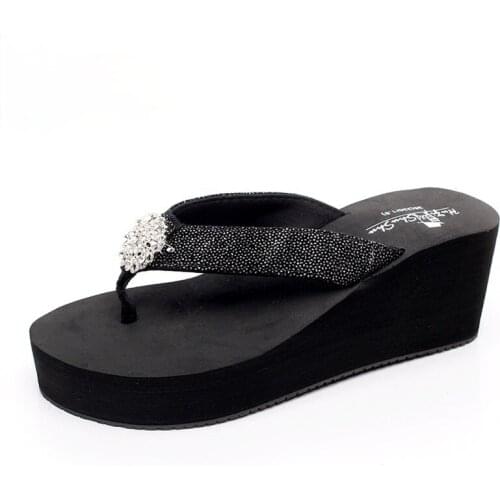 Flip-Flops Female Summer Slope with Non-Slip Fashion Slippers Vacation Leisure Rhinestone Beach High-Heeled Woman Funny Shoes