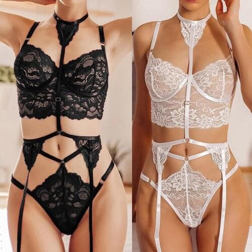 3 Pcs Women Lingerie Sets Sexy Lace Push Up Transparent Bra+garter+g-string Set Babydoll Underwear Women Sets Lingerie Feminina