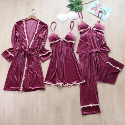 New Female Fashion Sexy Thin Gold Velvet Pajamas Four-piece Long-sleeved Nightgown Suspenders Chest Pad Nightdress Home Service