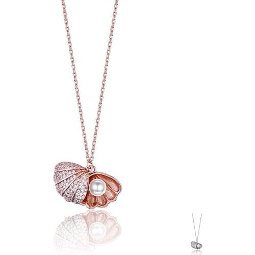 SILVERHOO 925 Sterling Silver Full Cubic Zirconia Sparkling Shell & Pearl Necklace Pendants Fine Jewelry For Women Necklaces