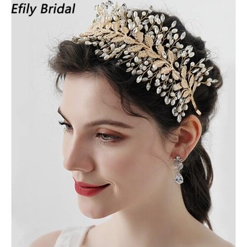 Efily Leaf Pearl Crown Headband Bridal Tiaras and Crowns for Women Hair Accessories Wedding Crystal Hair Jewelry Party Headpiece