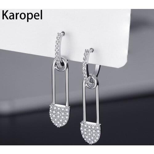 Karopel Cubic Zirconia Silver Color Small Hoop Earrings Geometric Safety Pin Earrings for Women Wedding Jewelry Accessories
