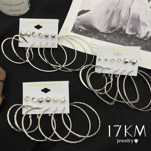 Fashion Silver Color Large Big Circle Hoop Earrings Set For Women 6pairs/set Heart Hoop Earrings Серьги Jewelry Party