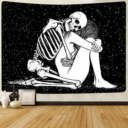 Simsant The Kissing Lovers Tapestry Black and White Skeleton Flower Art Wall Hanging Tapestries for Living Room Home Decor