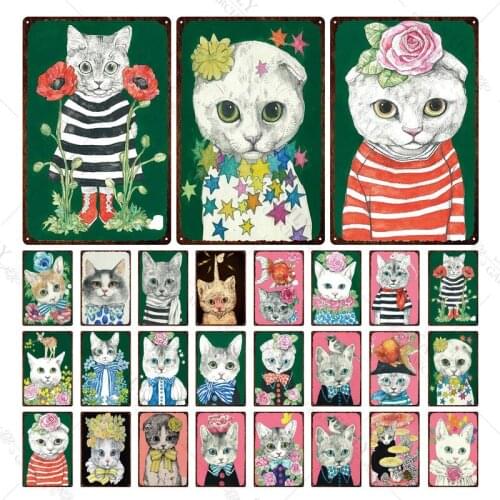 Nordic Cartoon Cat Sign Pet Metal Plate Japanese Animal Tin Sign Plaque Metal Wall Art Home Vintage Decor 30X20CM