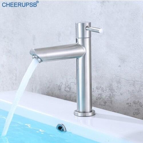 Bathroom Sink Faucet Stainless Steel Single Cold Single Holder Brushed Wash Basin Tap Deck Mount Filtered Spout Stream Faucets