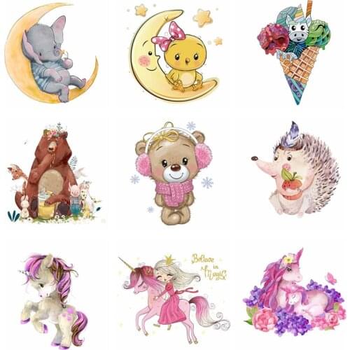 Cute Animals Rabbits Patch DIY Iron on Transfers For Clothing Cartoon Unicorn/Bear Heat Transfer Thermal Stickers For T-shirt