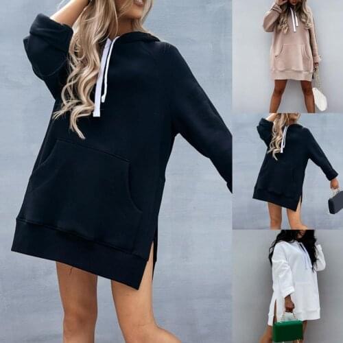 Autumn Winter Women Hoodie Solid Color Drawstring Large Pocket Side Split Sweatshirt Sportswear Casual Loose Thickening Hoodie
