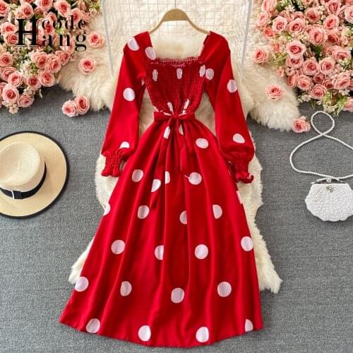 HangCode Vintage Polka Dot Women Dress 2021 New Autumn Casual Long Sleeve Lacing Up Big Swing Long Dress Elegant Red Party Dress