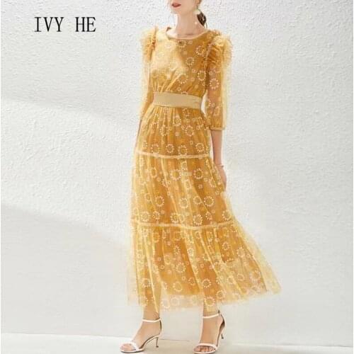 IVY HE High Quality Summer Dress Woman Clothing Elegant Gauze Agaric Bubble Sleeves Midi Long Dress Traf Robe ZA Party Dresses