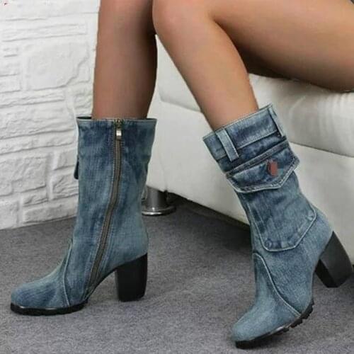 Sexy Jean Boots Womens Mid Calf Boot Zipper High Heel Woman Stylish Jeans Boots Ladies Denim Boot Female Shoes Cowboy 2020 New