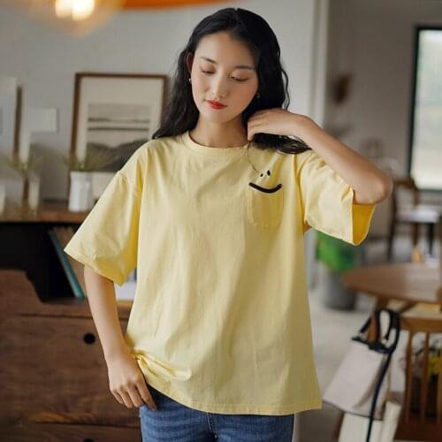 FairyNatural Ladies Casual Loose Summer T-Shirts O-Neck Short Sleeve Pockets Women Solid Color Tshirts 2021 Korean Style